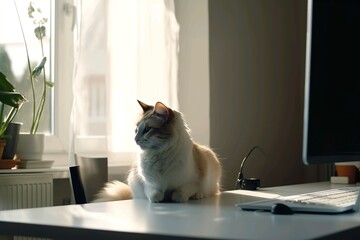 Fototapeta na wymiar Cat sat on a desk working from home office