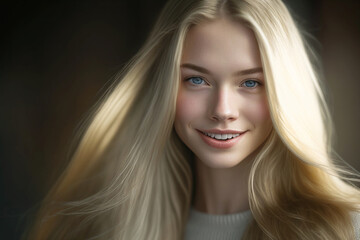 Fototapeta premium portrait of a young adult woman with long blonde hair. Generative AI