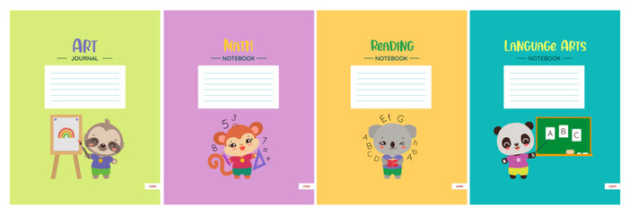 School notebook cover template set. Cute notepad workbook design with school subject headers. Stationery print. Animals panda, sloth, koala kawaii style illustrations. Elementary teaching resourses.