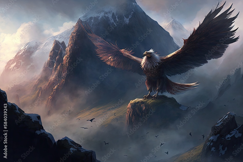 Sticker griffin soaring over majestic and misty mountain range, created with generative ai