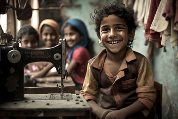 embarrassed smile hides sadness in child labor, little boy child, boy is grieving or depressed or discouraged or tired, fictional problem, child labor, fictional place and person. Generative AI