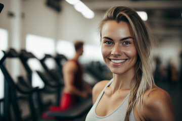 Fototapeta premium young woman at the window in a gym in a shirt. Generative AI