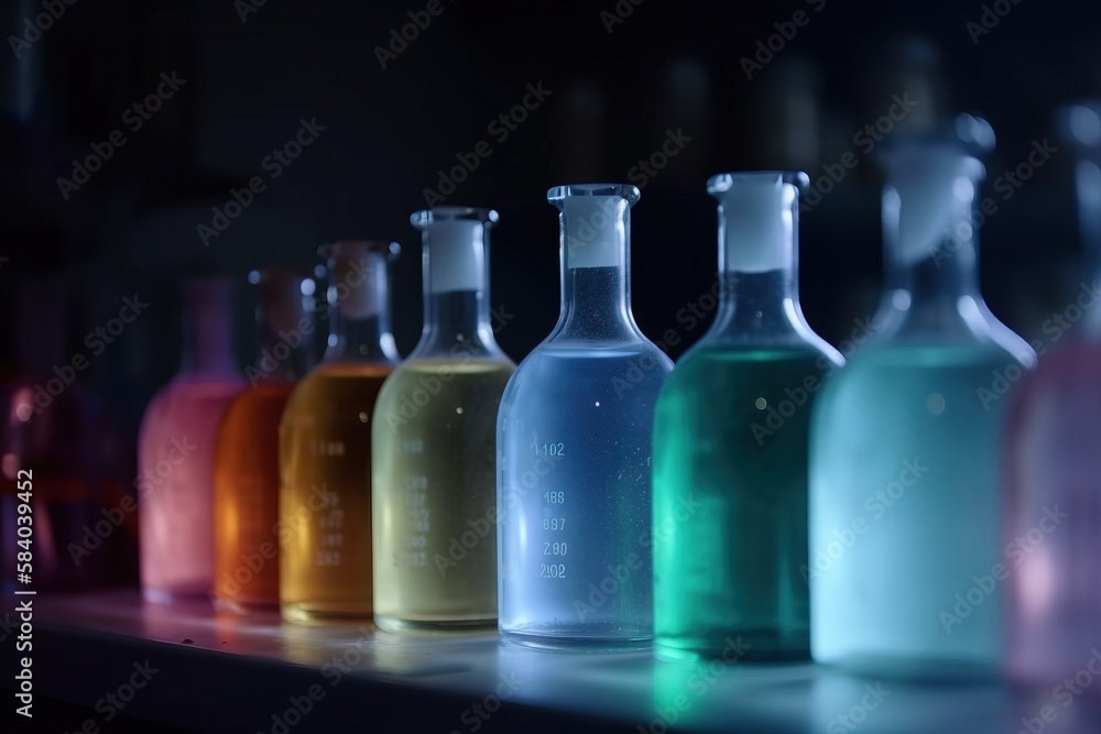 Poster a row of colorful bottles sitting on top of a shelf. generative ai
