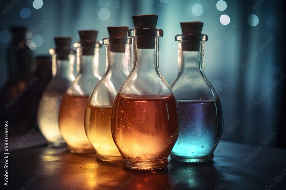 Poster  a row of bottles filled with liquid sitting on top of a table.  generative ai