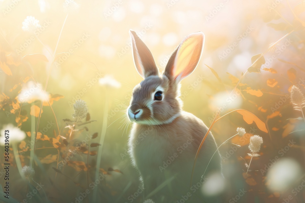 Poster a painting of a rabbit sitting in a field of flowers. generative ai