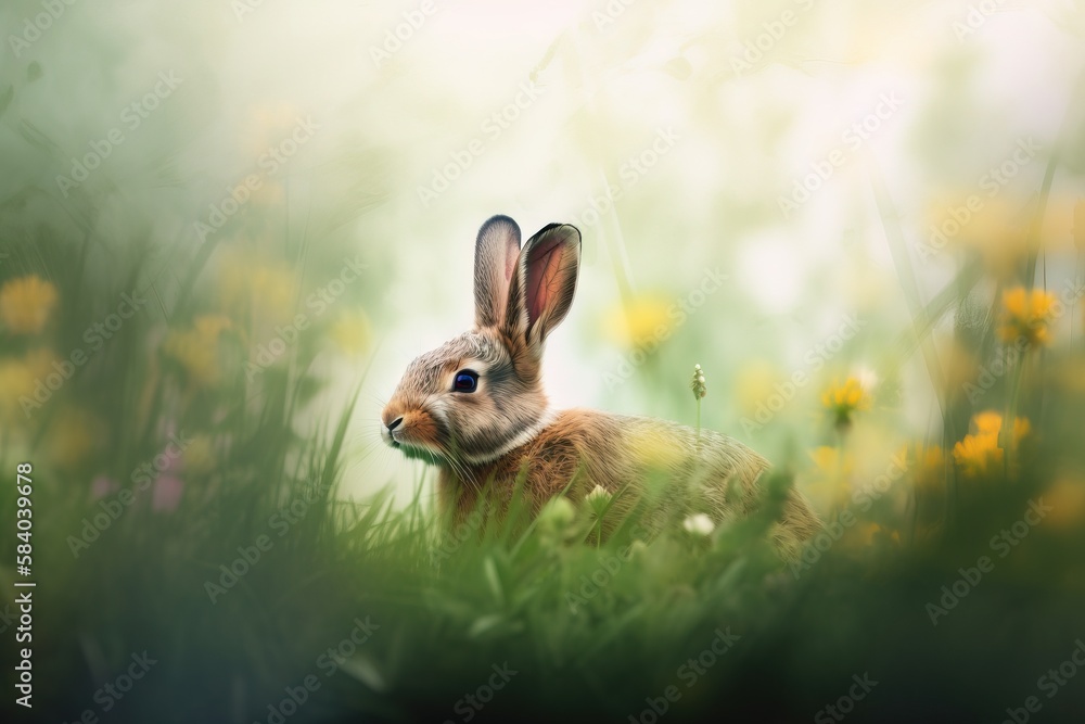 Aufkleber a rabbit is sitting in a field of grass and flowers. generative ai