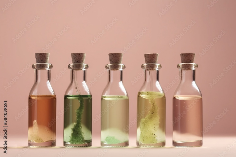 Poster a row of glass bottles filled with different types of liquid. generative ai