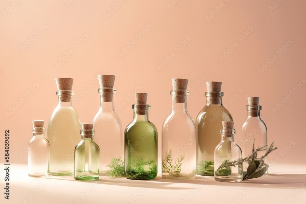 Poster a group of bottles with plants in them on a table. generative ai