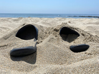 Blue rubber beach flip-flops are buried in the sand on the beach.Concept: vacation by the sea