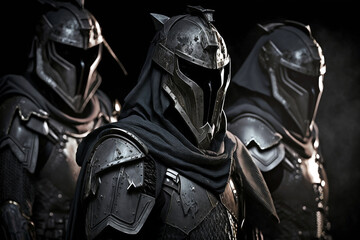 abstract, fictional soldiers in armor like a knight armor, abstract or futuristic. Generative AI