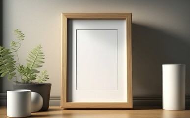 Obraz na płótnie Canvas Empty picture frame mockup on a wall vertical frame mockup in modern minimalist interior with plant in trendy vase on wall background, Template for painting, photo or poster