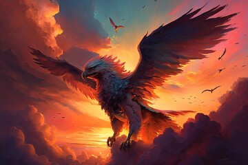 griffin soaring through vibrant sunset, with fiery skies and clouds, created with generative ai