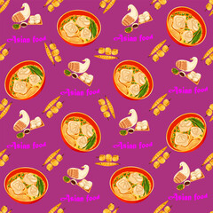 Chinese food seamless pattern. Hand drawn different types of asian food in wooden steamers repeating background. Tasty chinese food, delicious har gao, sticky rice, rolls.