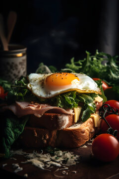 Delicious toast sandwich with ham, cheese, egg and vegetables. (generative ai)