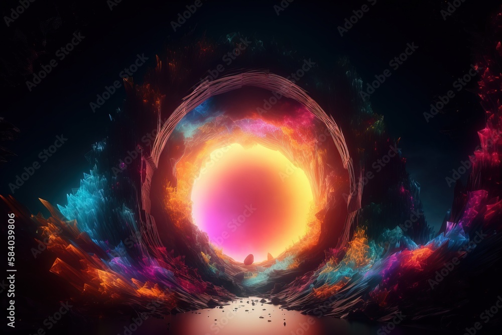 Poster an abstract painting of a circular object in the middle of a body of water. generative ai