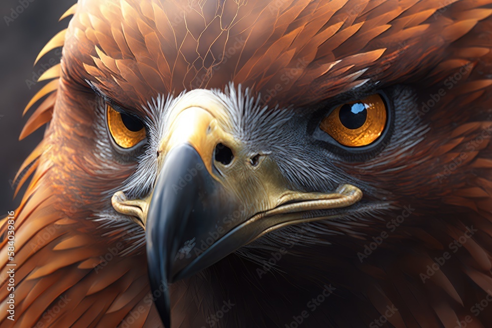 Sticker close-up of griffin's face, with its fierce eyes and sharp beak in full view, created with generative ai