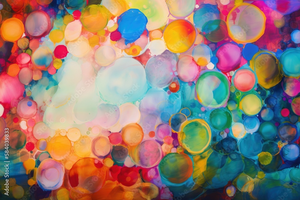Poster a painting of many different colored bubbles in the air and on the ground. generative ai