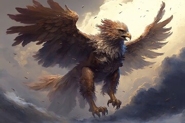 griffin soaring through the clouds, wings spread wide, created with generative ai