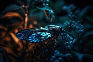 Fototapeta na wymiar a blue insect sitting on top of a plant with lots of leaves. generative ai