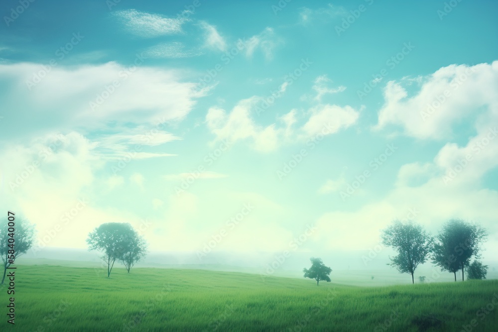 Poster a grassy field with trees and clouds in the sky in the background. generative ai
