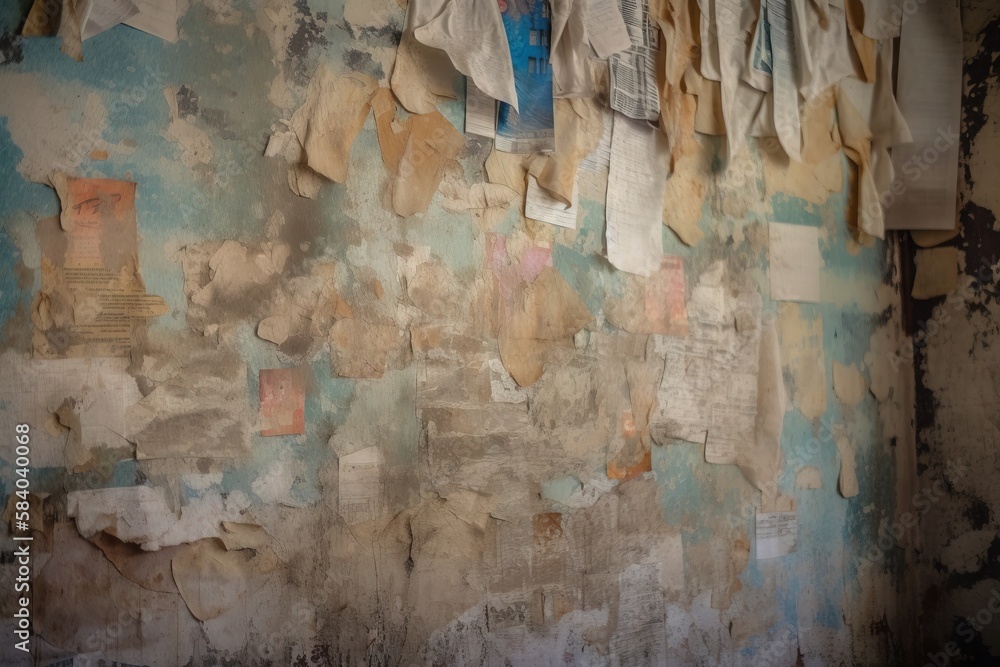 Poster a wall with a bunch of papers hanging on it's side. generative ai