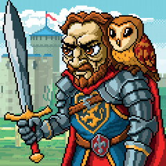 A stern man in knightly armor holds a sword in his hand. An owl sits on his left shoulder, and an ancient castle is in the back, pixel artground.