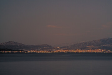 city skyline at night from distance