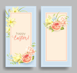Delicate Easter greeting card with daffodils and roses. Vector illustration.