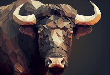 Portrait of a African Buffalo in low polygon style, geometric design. Generative AI.