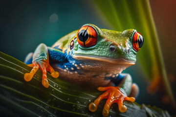 Vibrant Vision: Close-Up of a Red-Eyed Tree Frog. Generative ai