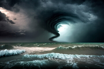 Hurricanes near the beach on the open sea, dark clouds and dramatic sky. Generative AI