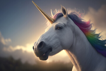 Obraz na płótnie Canvas a unicorn with golden horn and rainbow colored mane. Generative AI