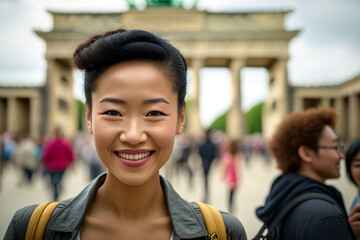 A tourist girl with a backpack or student at the Brandenburg Gate in Berlin in Germany. Generative AI