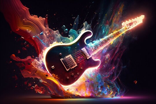 Magic neon colors guitar. Ai generative