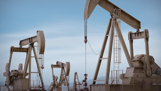 Oil rigs or pumps. Industrial construction ground drilling equipment. Pump jack extracting oil from oil well from underground. Fossil fuel, gas, petroleum. Crude oil mining platform. 3D Render concept