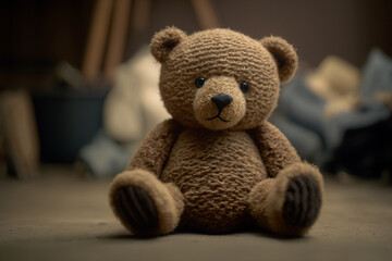 cute brown teddy bear, closeup stuffed animal. Generative AI