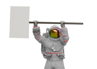 astronaut is protesting and holding a placard