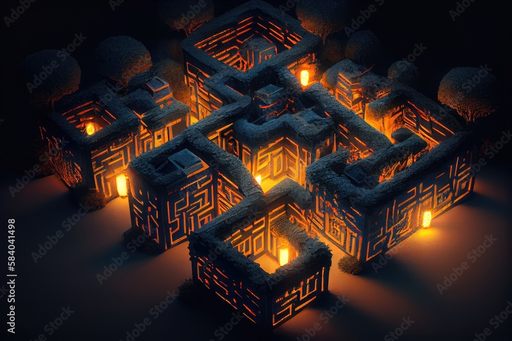 Wall mural a maze of house lights, illuminating the way in the dark, created with generative ai