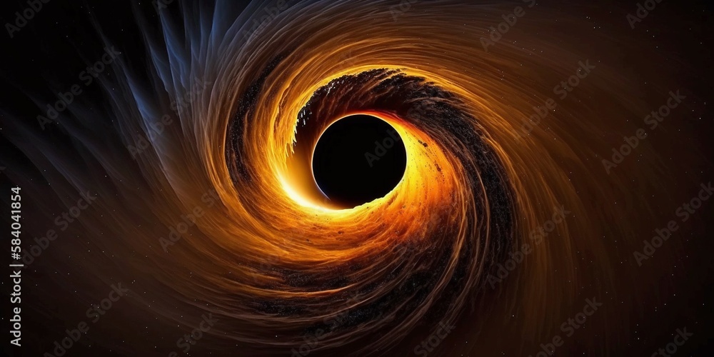 Poster rendering of a cosmic image of a black hole, devourer of worlds, cosmos. generative ai.