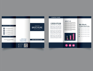 Dark blue trifold brochure design. Business brochure. Editable vector templates with design elements. Vector file. Flyer and Leaflet, Cards, Landing, Website Design. Vector illustration.