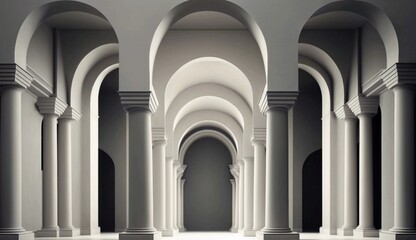 Fototapeta premium Abstract white corridors with columns in the Greek style, white Art Nouveau architecture. Generative AI.
