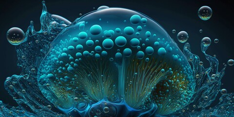 Large transparent jellyfish in water bubbles, blue wallpaper. Generative AI.