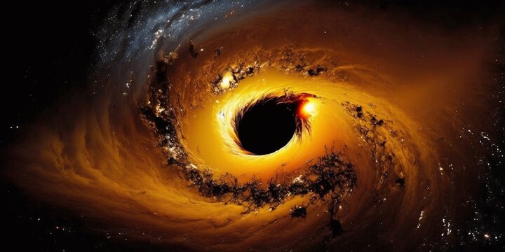 Rendering of a cosmic image of a black hole, devourer of worlds, cosmos. Generative AI.