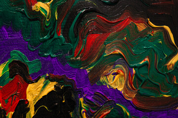 Texture: background of fresh paint. Acrylic wet colored brush strokes. Painting. Abstract, pattern, wallpaper, green, black, purple, red. Lines, waves, curves