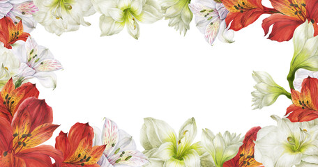 Obraz premium Exotic lilies floral header border. Romantic composition for weddings and Valentines Day. Watercolor illustration, frame for congratulations and invitations