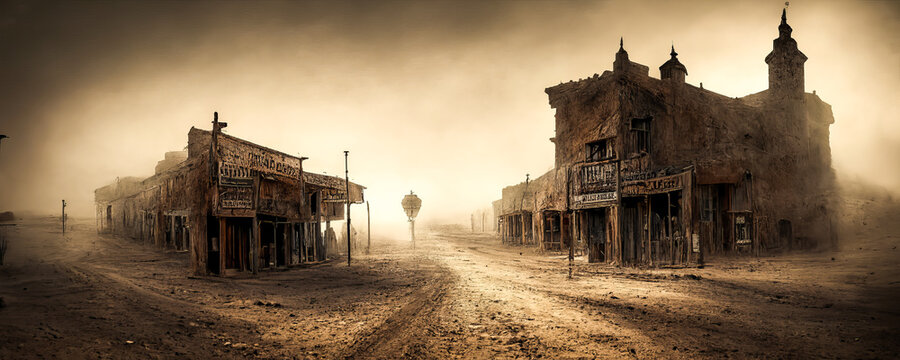A main street in an abandoned ghost town, surrounded by a dark and sinister desert landscape, to be used in visuals rich in emotion and mystery. Generative AI