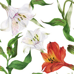 Seamless pattern of white and red alstroemeria flowers. Romantic composition for weddings and Valentines Day. Floral watercolor illustration for textiles, greetings and invitations