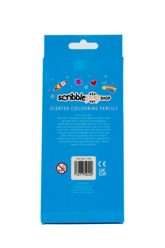 Scribble Pop Shop branded by TJM ltd scented colouring pencils in a cardboard box displaying graphics and icons relative to the product and displayed against a white background.