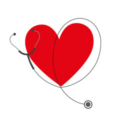 Un corazón rojo con un estetoscopio sobre un fondo blanco liso y aislado. Vista de frente y de cerca. Copy space - obrazy, fototapety, plakaty