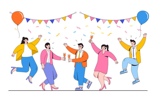 Grand opening ceremony celebration or other big ceremony event concept with confetti and champagne. Outline design style minimal vector illustration for landing page, web banner, hero images